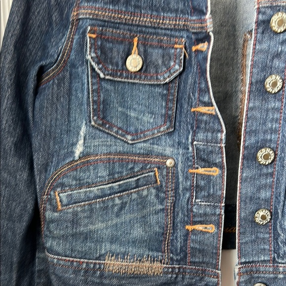 Y2K Special Edition Old Navy Women's Blue Denim Jacket cropped leather cuff med - Picture 4 of 14